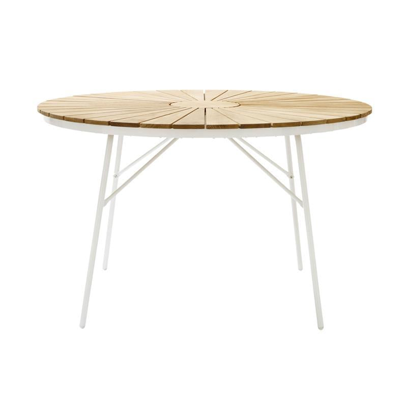 Table Ellen 110cm ronde en aluminium thermolaqué blanc avec plateau en teck