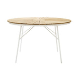 Table Ellen 110cm ronde en aluminium thermolaqué blanc avec plateau en teck