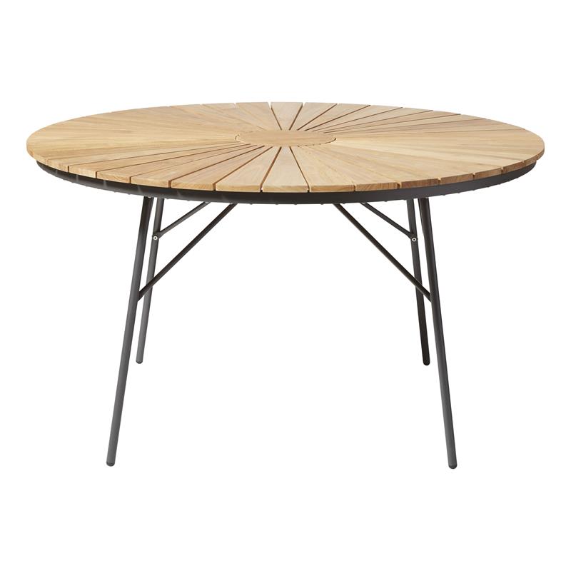 Table Ellen 130cm ronde en aluminium anthracite thermolaqué avec plateau en teck