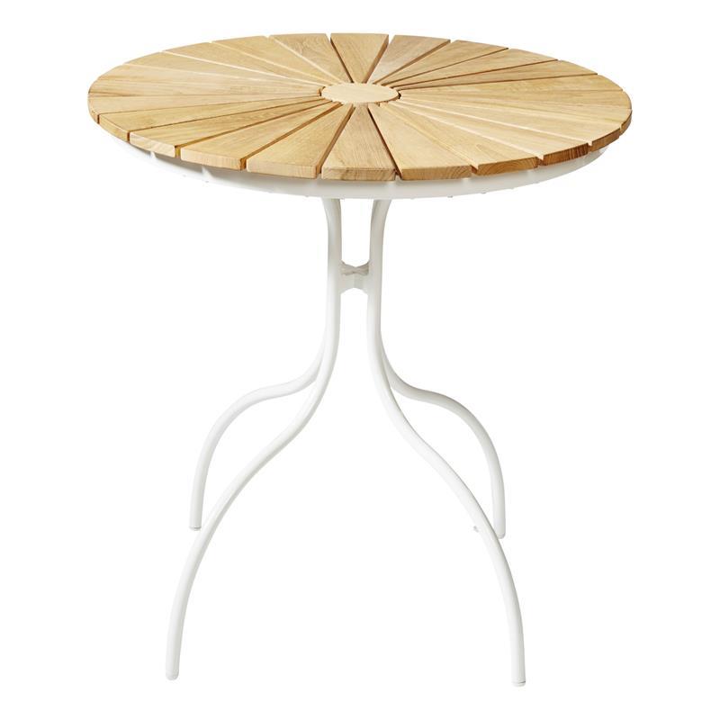 Table Ellen 80cm ronde en aluminium thermolaqué blanc avec plateau en teck