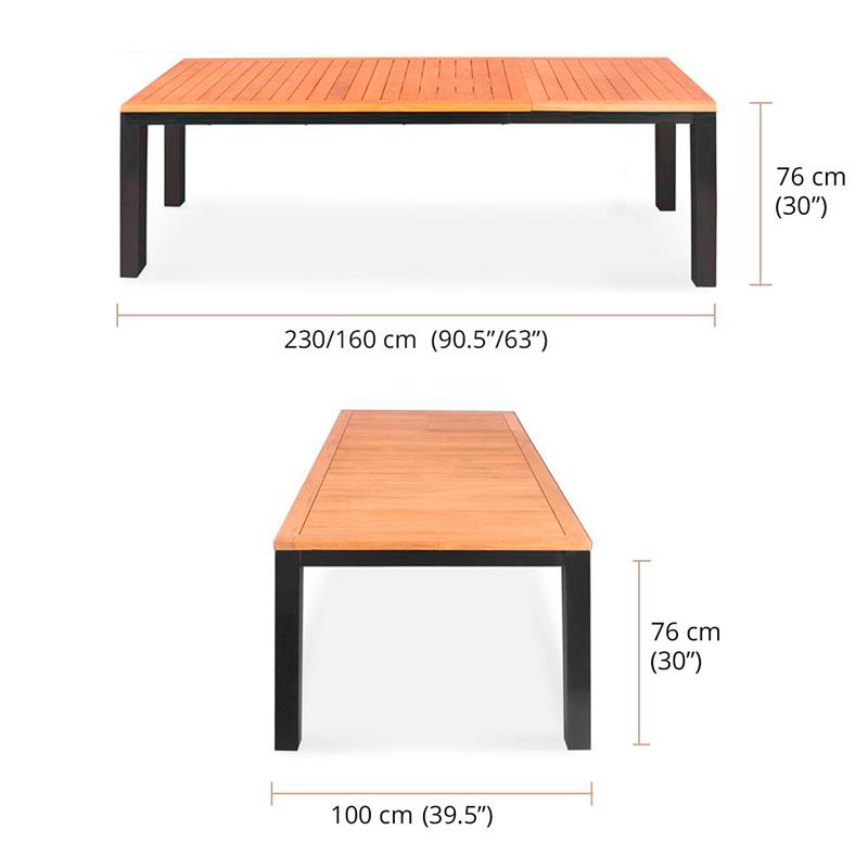 Table à rallonge frontale en aluminium Florence 230/160x100x77 cm Teck certifié GRADE A avec structure en aluminium