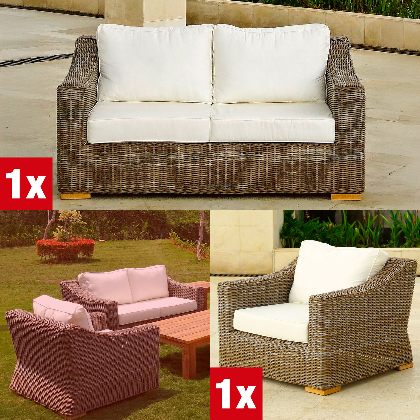 Monaco Loungeset bestehend aus 1 x Monaco Sessel und 1 x 2-Sitzer Monaco Sofa mit Sunproof Polstern