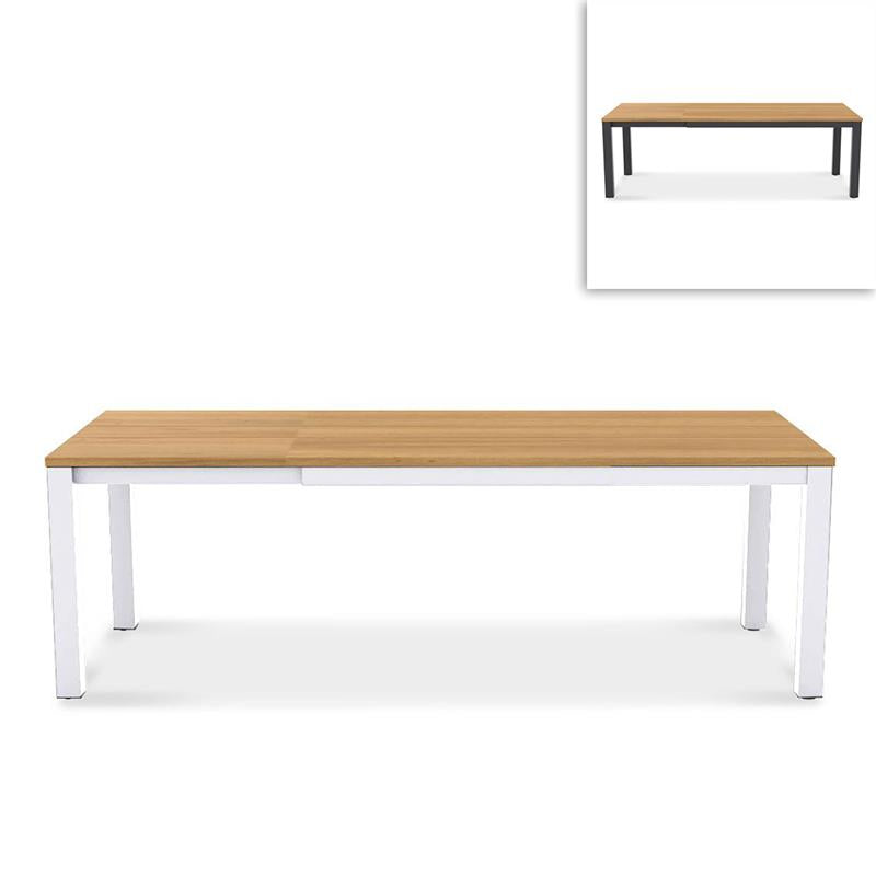 Planka Alu-Frontausziehtisch Set 250 bestehend aus Planka Alu-Frontausziehtisch 250/180 x 90 Teak Grade A gebürstet mit Aluminiumgestell und Gazelig Stapelstühlen aus Aluminium und Batyline