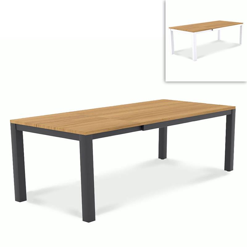 Planka Alu-Frontausziehtisch Set 250 bestehend aus Planka Alu-Frontausziehtisch 250/180 x 90 Teak Grade A gebürstet mit Aluminiumgestell und Gazelig Stapelstühlen aus Aluminium und Batyline