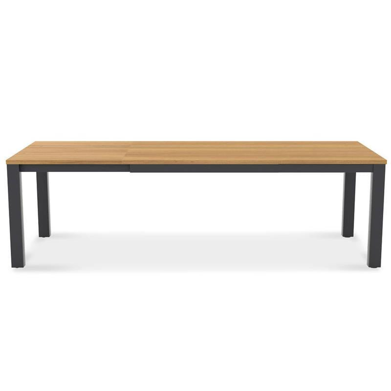 Planka Alu-Frontausziehtisch 310 Set bestehend aus Planka Alu-Frontausziehtisch 310/210 x 100 Teak Grade A gebürstet mit Aluminiumgestell und Gazelig Stapelstühlen aus Aluminium und Batyline