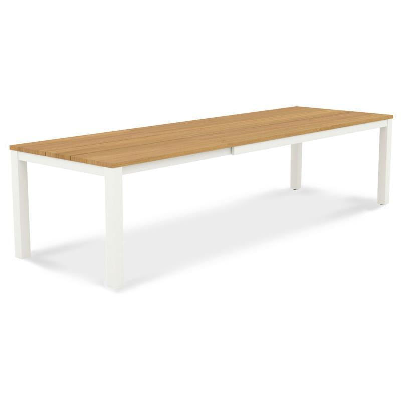 Planka Alu-Frontausziehtisch 310 Set bestehend aus Planka Alu-Frontausziehtisch 310/210 x 100 Teak Grade A gebürstet mit Aluminiumgestell und Gazelig Stapelstühlen aus Aluminium und Batyline