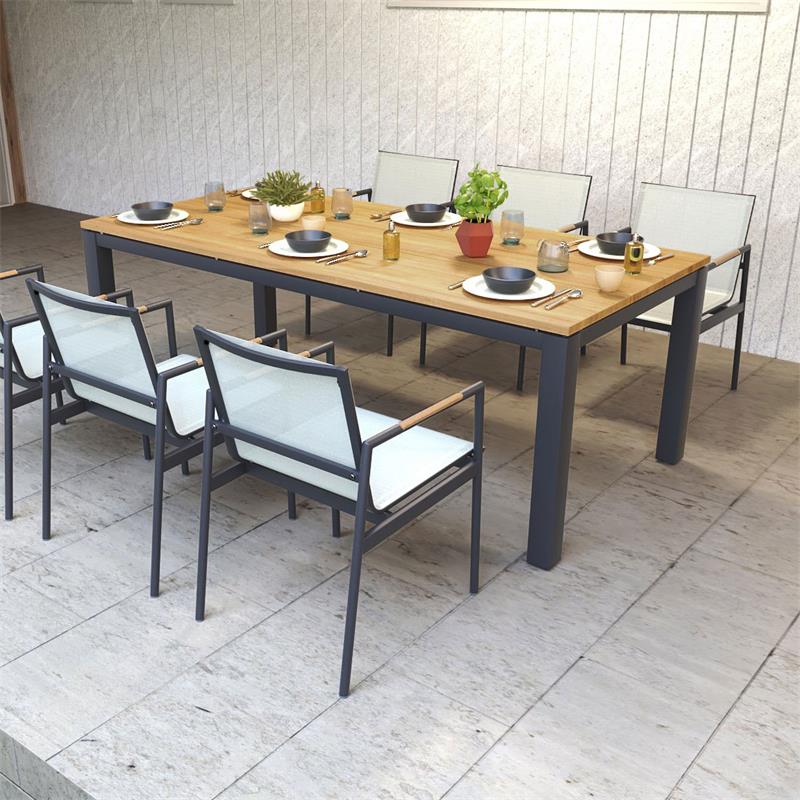 Planka aluminum dining table 210x100x76cm powder-coated teak grade A brushed with aluminum frame