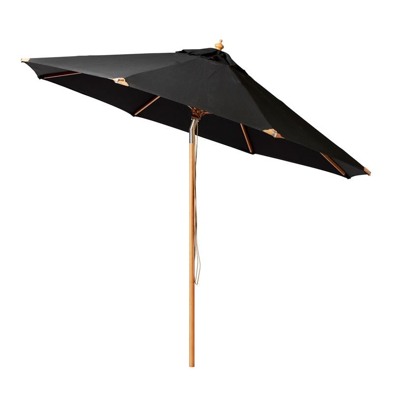 Parasol Cinas Pomino 330cm rond noir - structure en bois dur aspect teck avec ferrures coudées