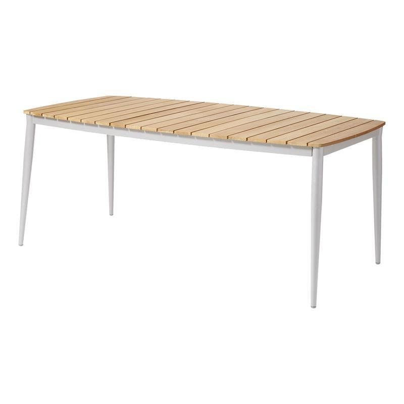 Table Rio 180 x 90 cm rectangulaire en aluminium thermolaqué blanc avec plateau en teck