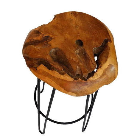 Teak bar stool Root made of solid teak root wood natural - with steel legs