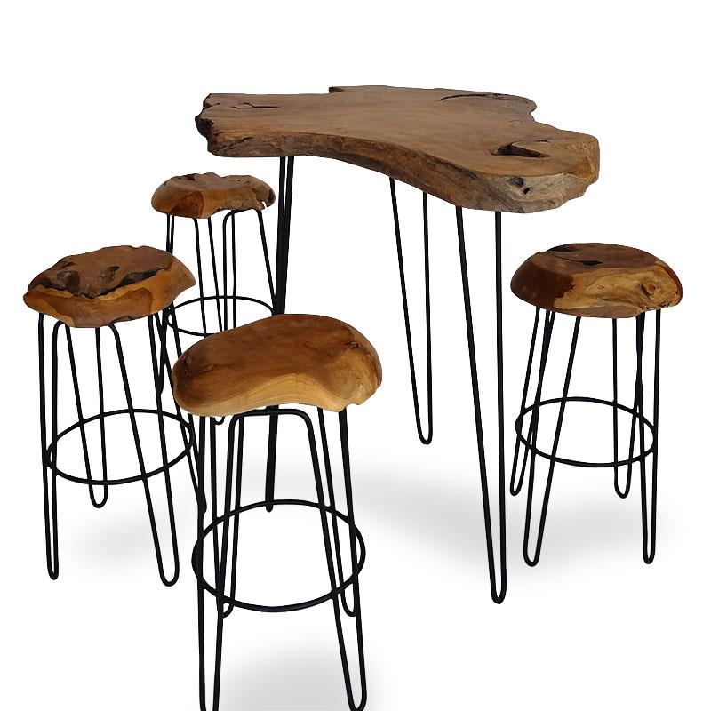 Tabouret de bar en teck Root en bois de racine de teck naturel massif - avec pieds en acier