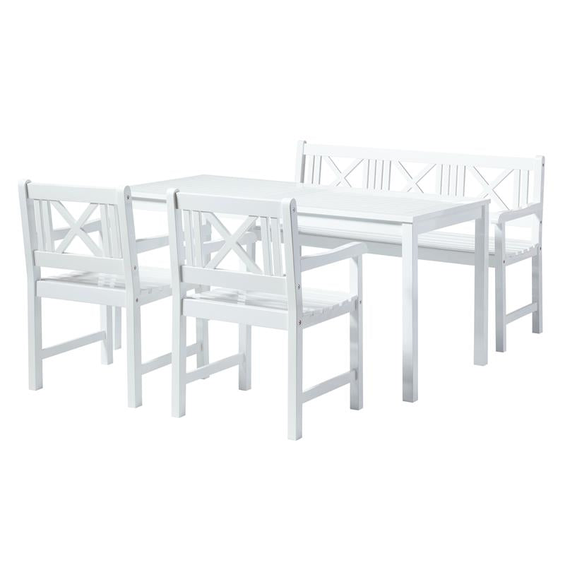 Rosenborg garden set - table + bench + 2x chair - certified mahogany wood, glossy white lacquered