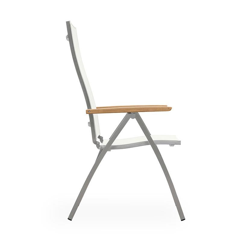 Alzette high-back chair stainless steel with Batyline and teak armrest