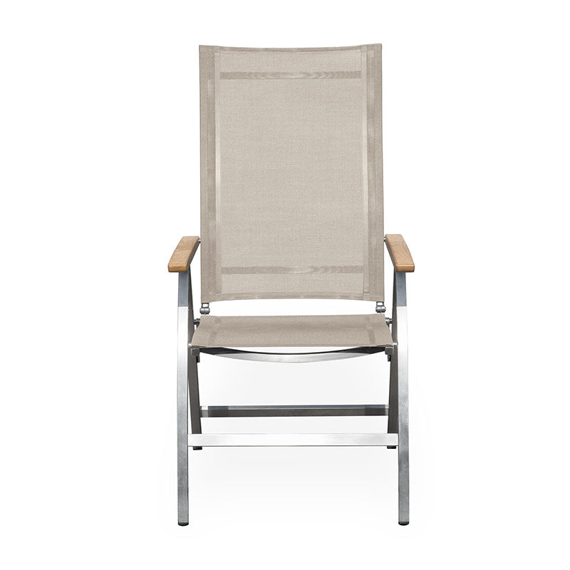 Alzette high-back chair stainless steel with Batyline and teak armrest