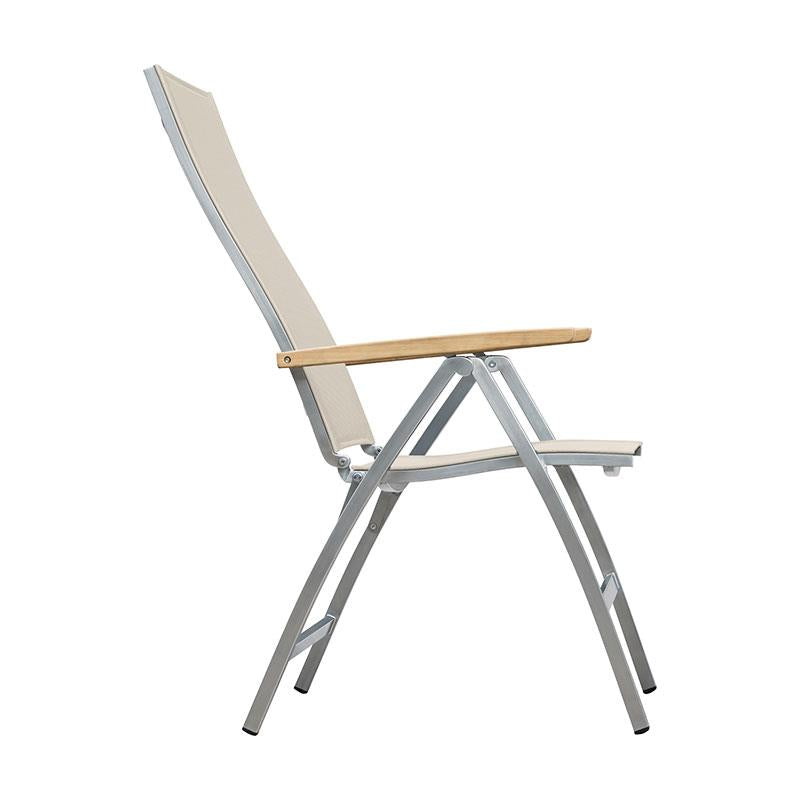 Alzette high-back chair stainless steel with Batyline and teak armrest