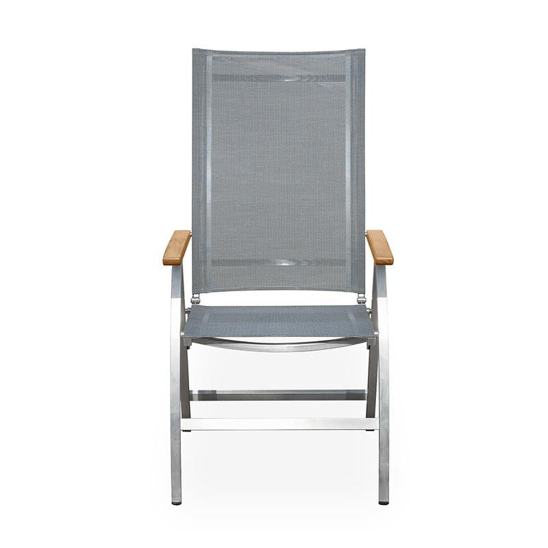 Alzette high-back chair stainless steel with Batyline and teak armrest