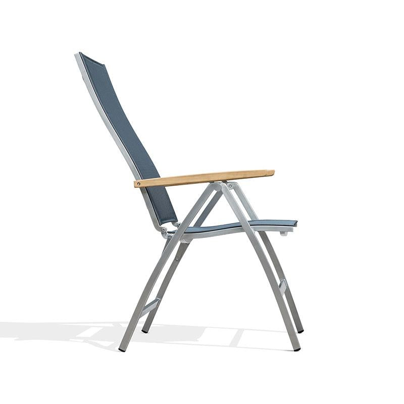 Alzette high-back chair stainless steel with Batyline and teak armrest