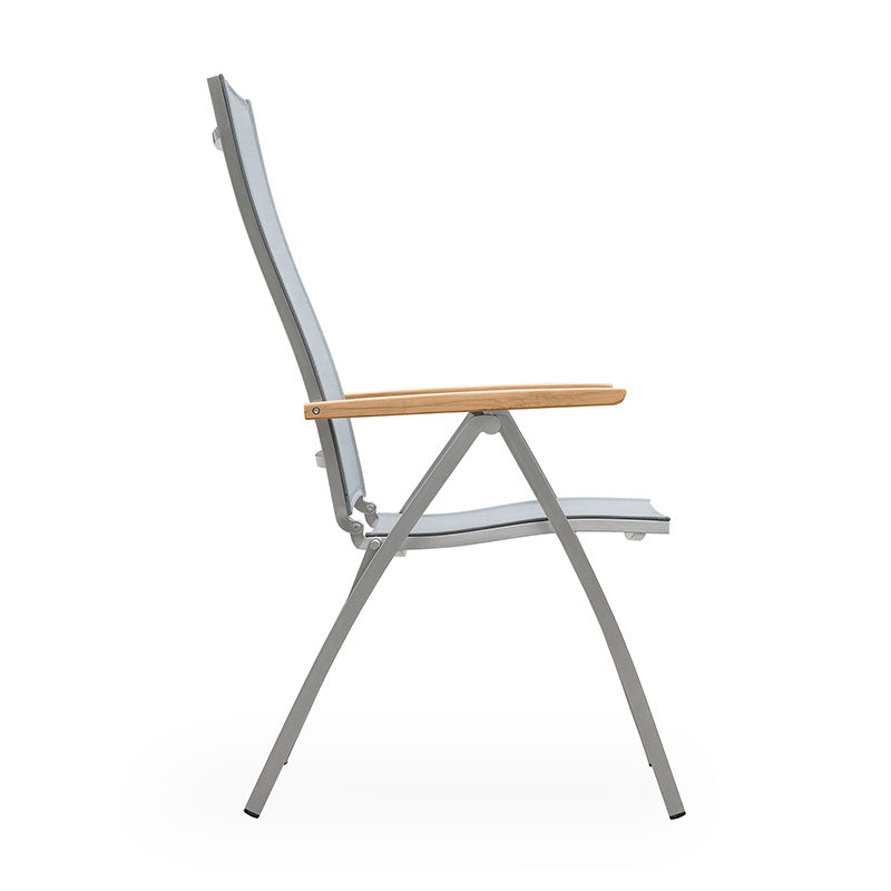 Alzette high-back chair stainless steel with Batyline and teak armrest