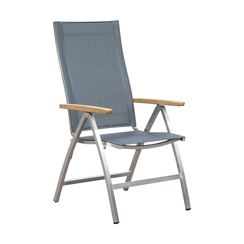 Alzette high-back chair stainless steel with Batyline and teak armrest