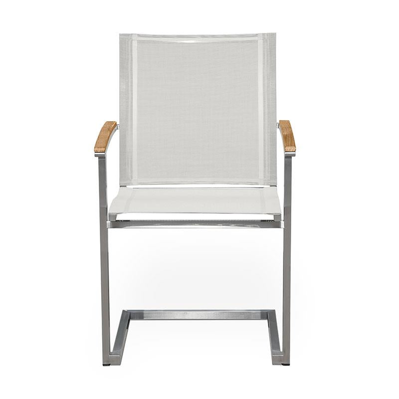 Alzette cantilever chair stackable stainless steel with Batyline and teak armrest