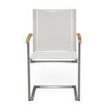 Alzette cantilever chair stackable stainless steel with Batyline and teak armrest