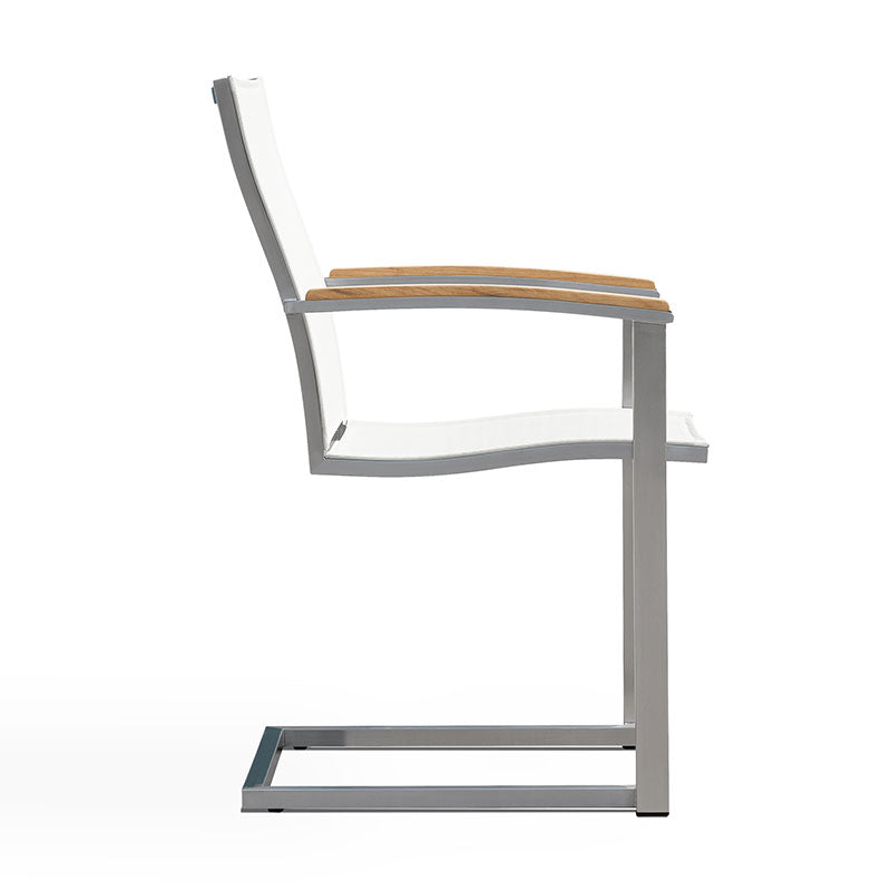 Alzette cantilever chair stackable stainless steel with Batyline and teak armrest