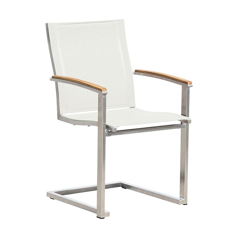 Alzette cantilever chair stackable stainless steel with Batyline and teak armrest