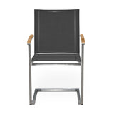 Alzette cantilever chair stackable stainless steel with Batyline and teak armrest