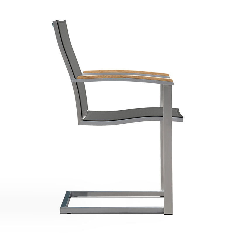 Alzette cantilever chair stackable stainless steel with Batyline and teak armrest