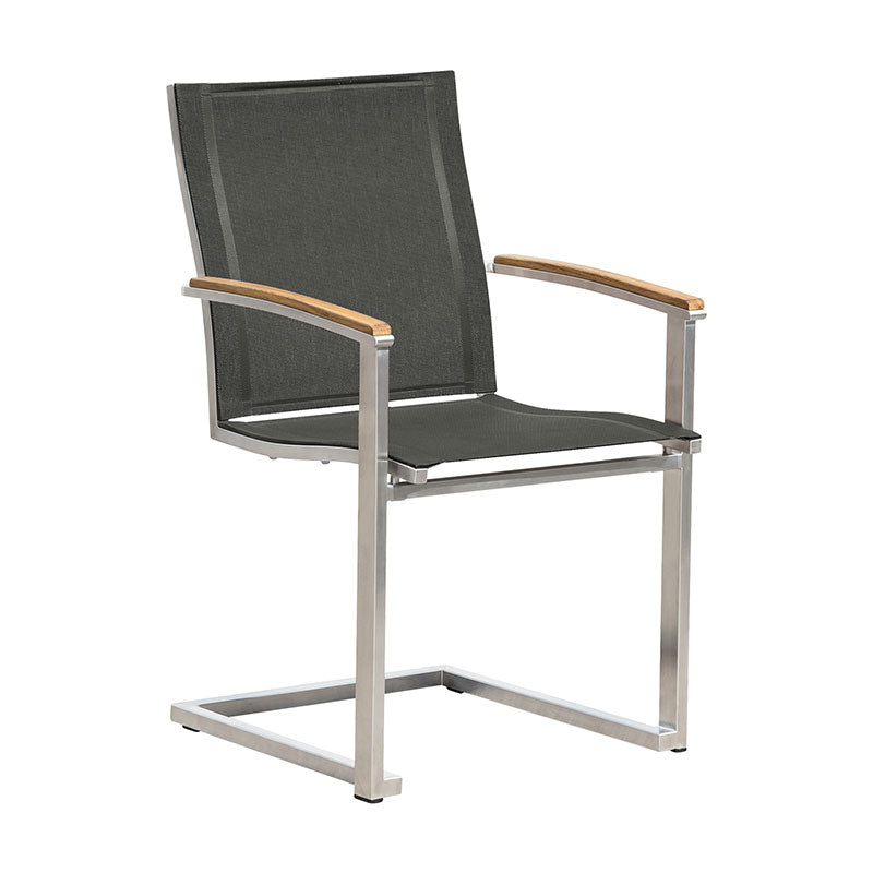 Alzette cantilever chair stackable stainless steel with Batyline and teak armrest