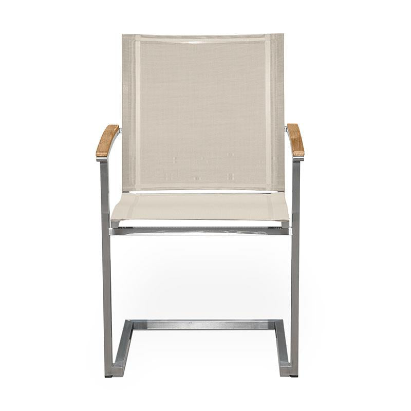 Alzette cantilever chair stackable stainless steel with Batyline and teak armrest