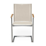 Alzette cantilever chair stackable stainless steel with Batyline and teak armrest