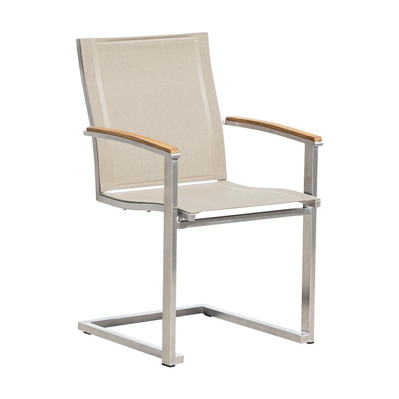 Alzette cantilever chair stackable stainless steel with Batyline and teak armrest