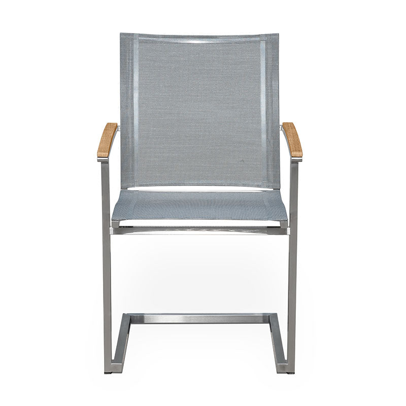 Alzette cantilever chair stackable stainless steel with Batyline and teak armrest