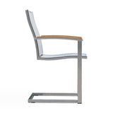 Alzette cantilever chair stackable stainless steel with Batyline and teak armrest