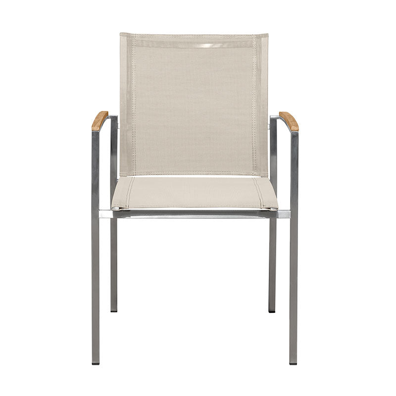 Alzette stacking chair Eco stainless steel with Batyline and teak armrest