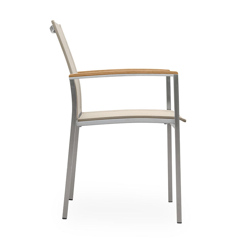 Alzette stacking chair Eco stainless steel with Batyline and teak armrest