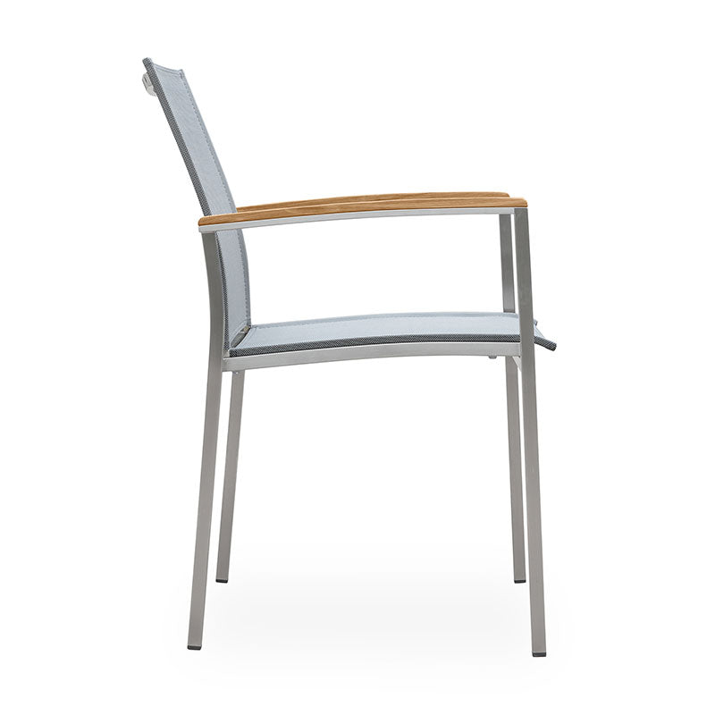 Alzette stacking chair Eco stainless steel with Batyline and teak armrest