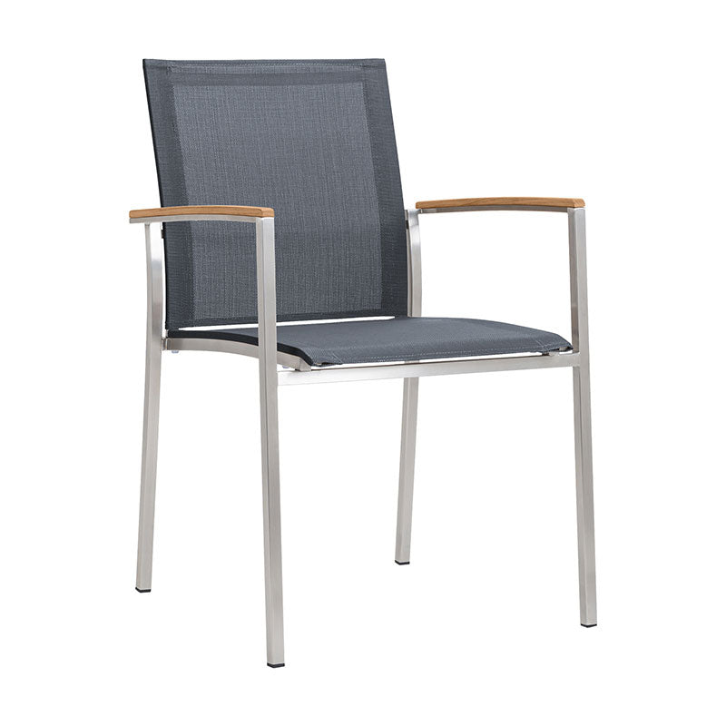 Alzette stacking chair Eco stainless steel with Batyline and teak armrest