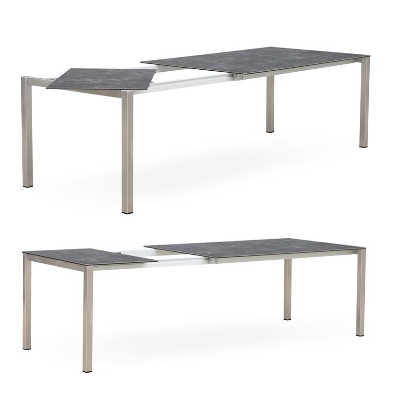 Table à rallonge frontale rotative Marikk 220/160x99,5 cm plateau en céramique avec structure en acier inoxydable