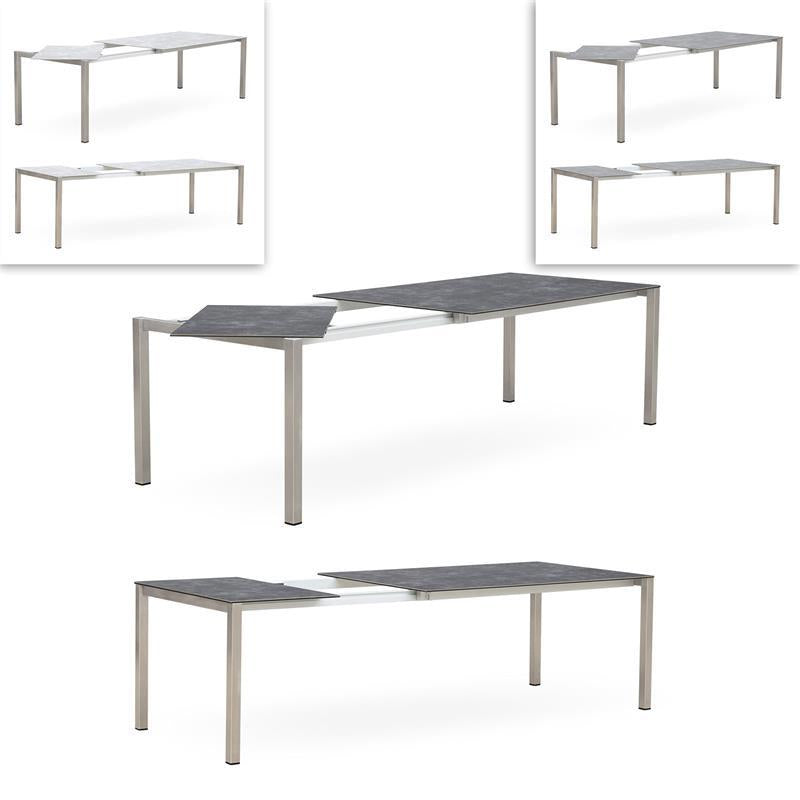 Table à rallonge frontale rotative Marikk 220/160x99,5 cm plateau en céramique avec structure en acier inoxydable