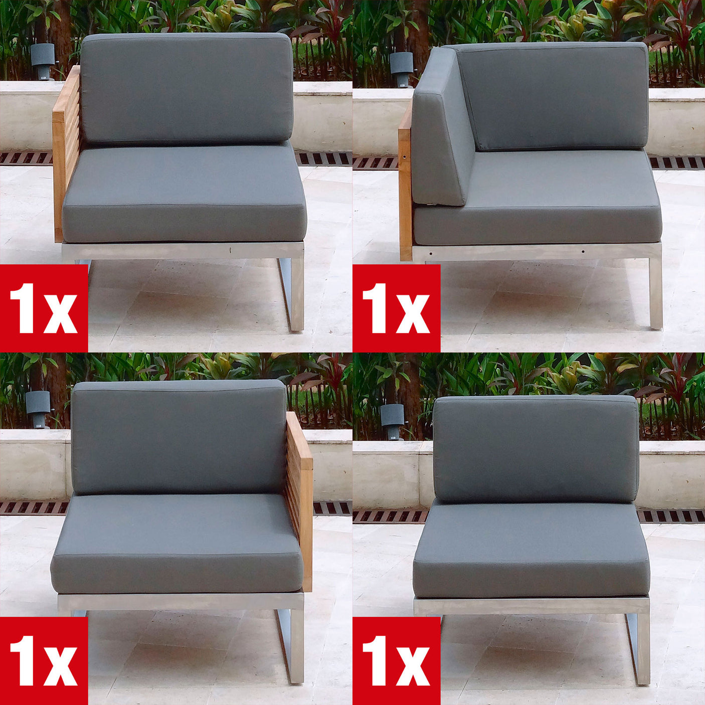 Tessin Lounge Set bestehend aus: 1 x Seitenmodul rechts, 1 x Eckmodul, 1 x Mittelmodul, 1 x Seitenmodul links , 1 x Tessin Einsitzer alle mit Polster in Sunproof und  1x Ottomane ohne Polster