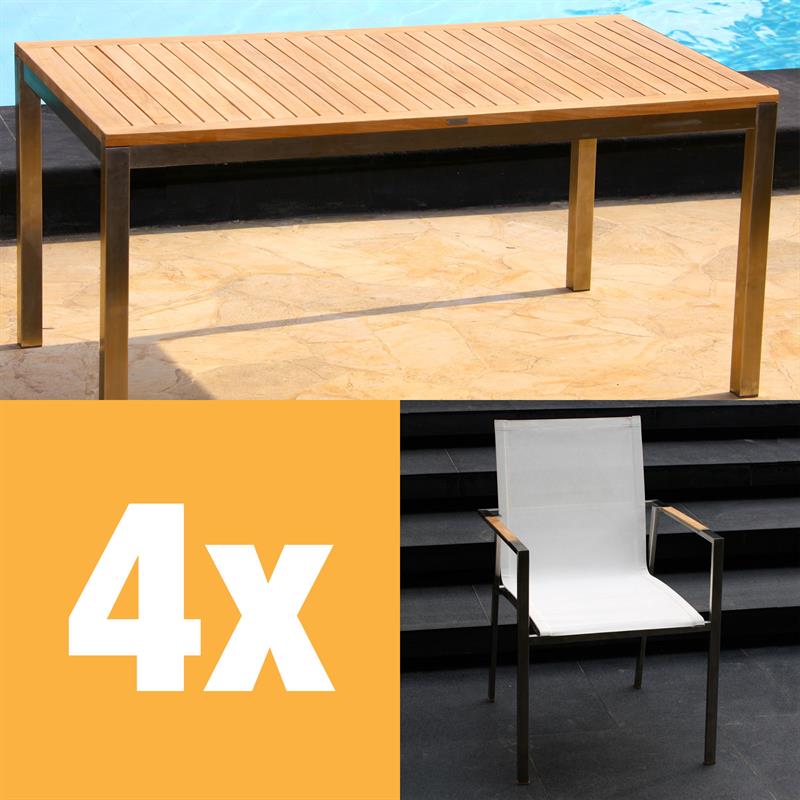 Alzette Set 160 bestehend aus Florence Esstisch 160 x 90 Teak mit Edelstahlgestell und Alzette Stapelstühlen Teak mit Batyline Bespannung