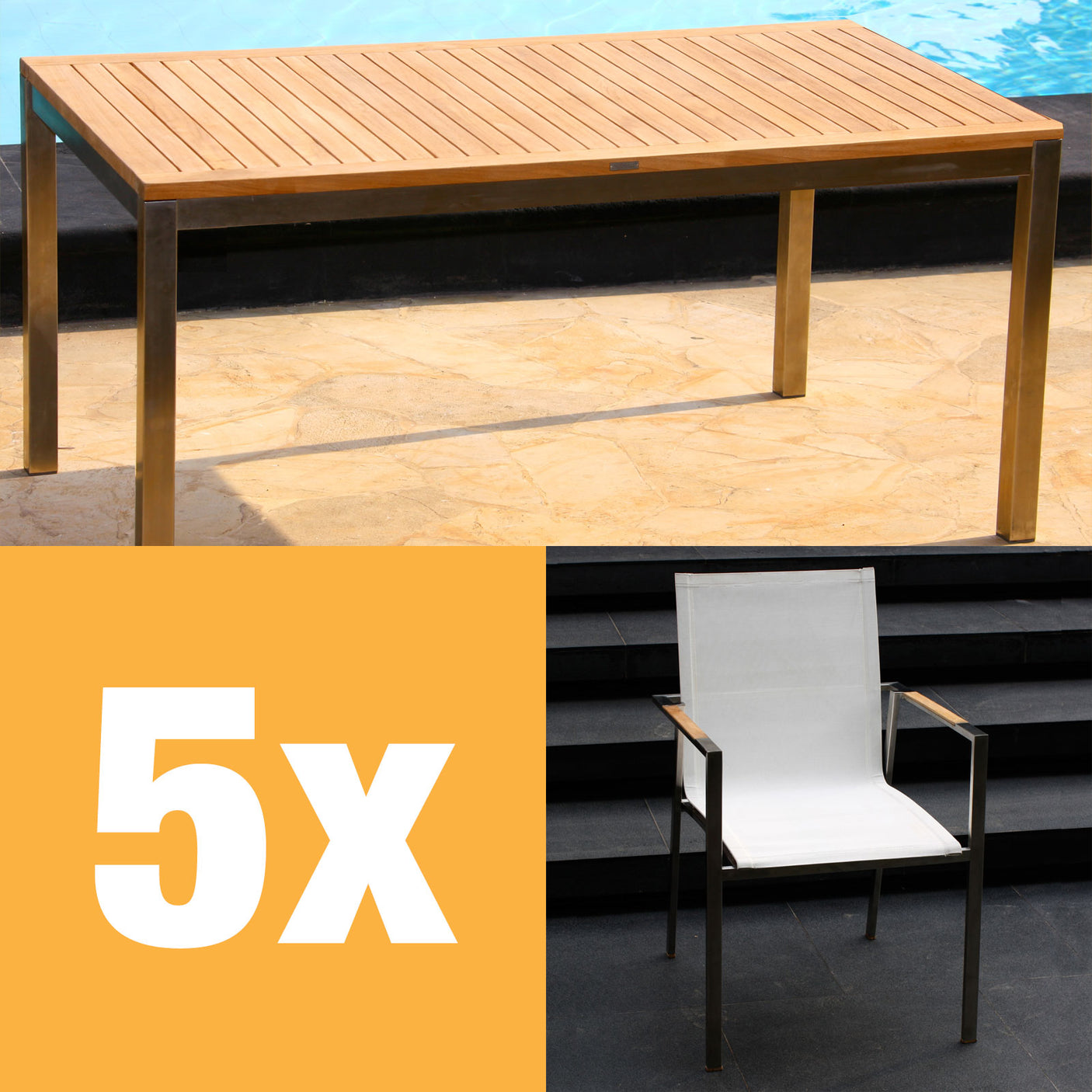 Alzette Set 160 bestehend aus Florence Esstisch 160 x 90 Teak mit Edelstahlgestell und Alzette Stapelstühlen Teak mit Batyline Bespannung