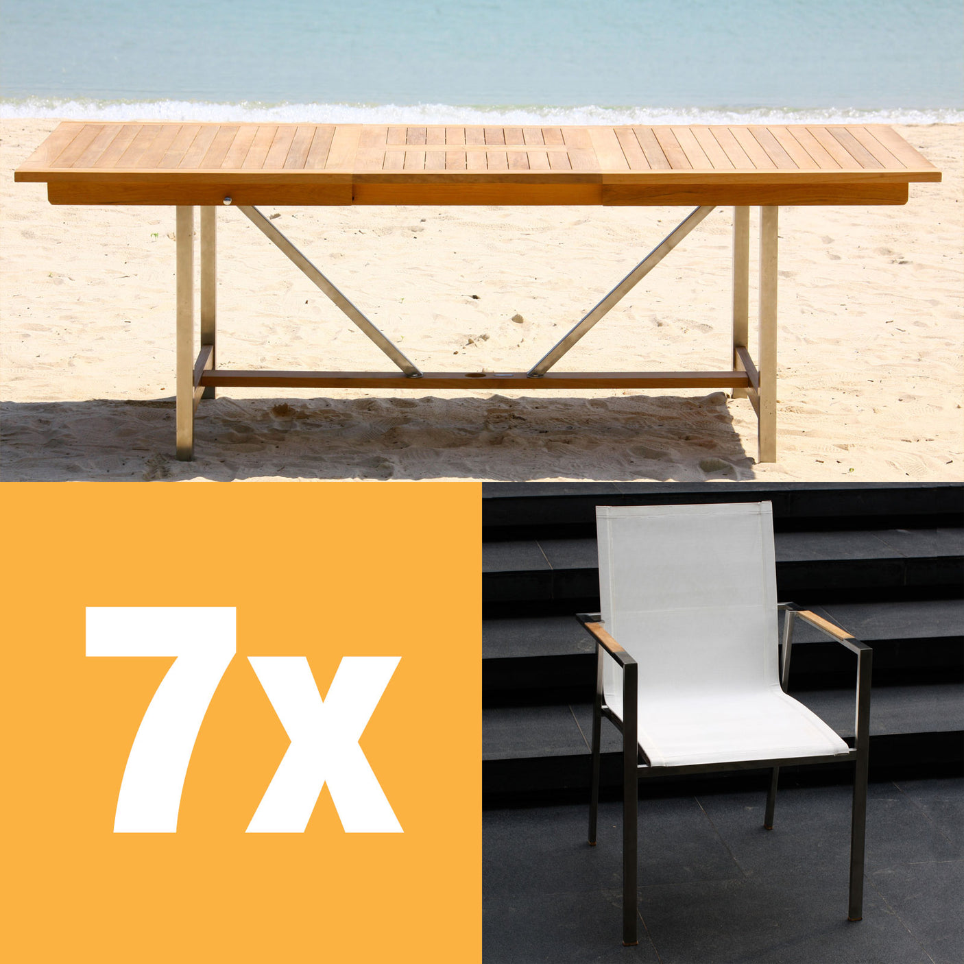 Alzette extendable table set 220 consisting of Moselle extendable table 220/160 x 100 teak with stainless steel frame and Alzette stacking chairs teak with Batyline covering