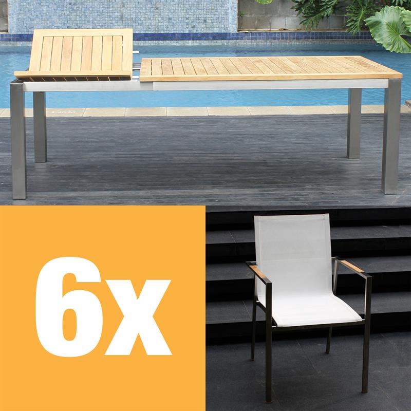 Ensemble de table à rallonge frontale Alzette 230 composé d'une table à rallonge frontale Florence 230/160 x 100 teck avec structure en acier inoxydable et de chaises empilables Alzette en acier inoxydable avec revêtement Batyline