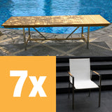 Alzette extendable table set 280 consisting of Moselle extendable table 280/235/190 x 100 teak with stainless steel frame and Alzette stacking chairs teak with Batyline covering