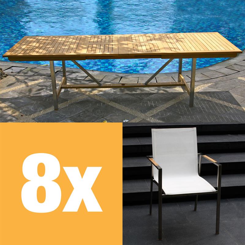 Alzette extendable table set 280 consisting of Moselle extendable table 280/235/190 x 100 teak with stainless steel frame and Alzette stacking chairs teak with Batyline covering