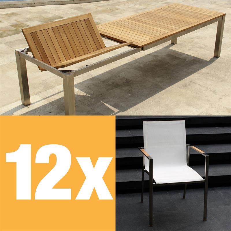 Alzette front extension table set 310 consisting of Florence front extension table 310/210 x 100 teak with stainless steel frame and Alzette stacking chairs stainless steel with Batyline covering