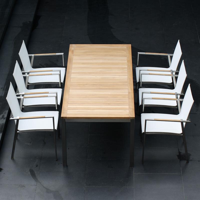 Alzette Set 210 consisting of Florence dining table 210 x 90 teak with stainless steel frame and Alzette stacking chairs teak with Batyline covering